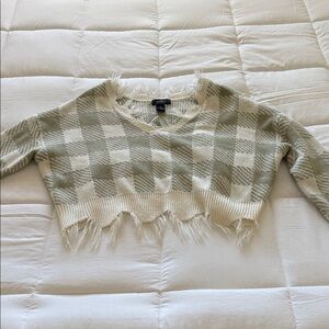 Chicwish Off-the-Shoulder Plaid Sweater - Green and Cream